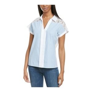 Karl Lagerfeld Blue and White Striped Shirt with Lace Detail at Collar Size M